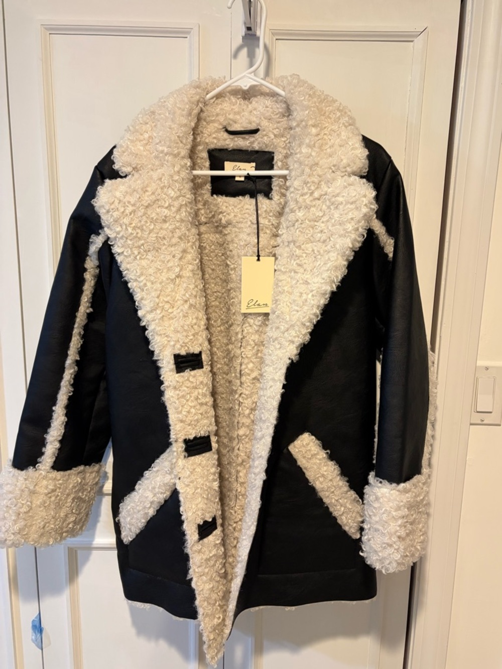 Elan Black Teddy Coat with Cream Faux-Shearling Trim